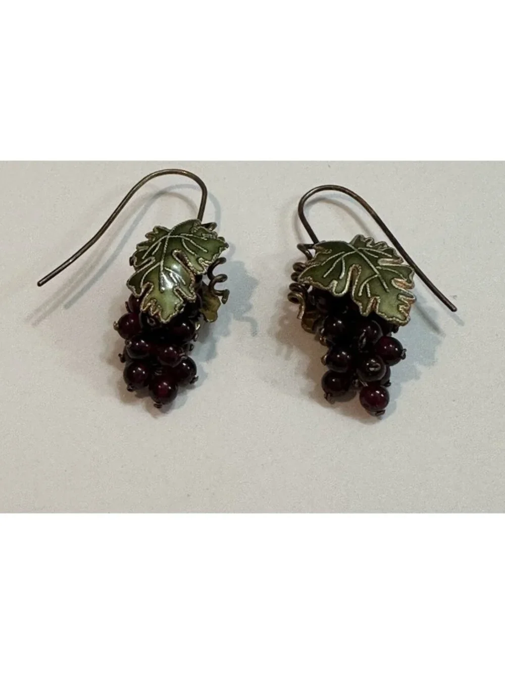 Bohemian Garnet Bead Grape Cluster Guilloche Enamel Brass Leaf Earrings
